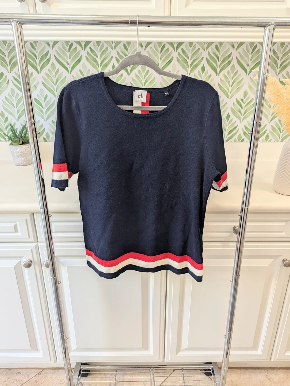 Cabi Navy Short Sleeve Sweater with Red & White Stripes Hampton Shell XL - Picture 2 of 7